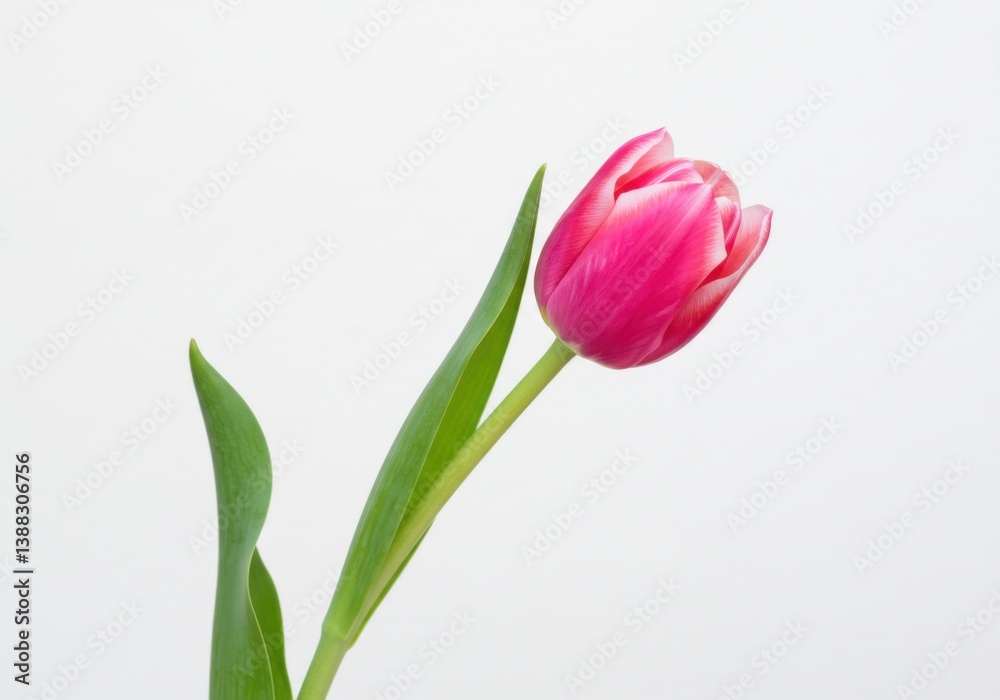 Obraz premium Vibrant pink tulip with green stem isolated on white background