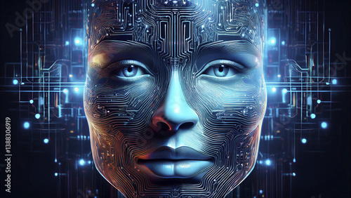 AI Face with Digital Circuits and Biometric Data – Cybersecurity and Identity Concept