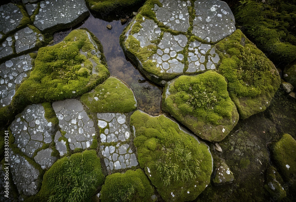 A group of green moss covered rocks on a rocky beach. A group of green moss covered rocks on a rocky beach.