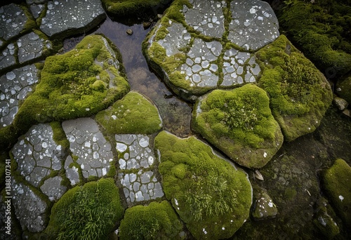 A group of green moss covered rocks on a rocky beach. photo