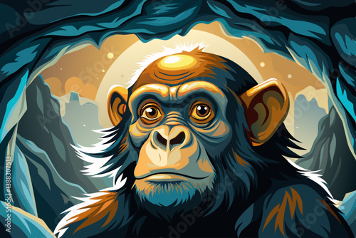 Monkey portrait glowing cave illuminated by natural skylight, A deep underground atmosphere with damp stone walls and mystery, funny portrait monkey banner