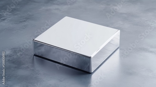 Shiny, rectangular, metallic box on a gray surface