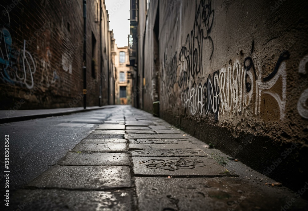 Obraz premium A narrow alleyway with graffiti on the walls.