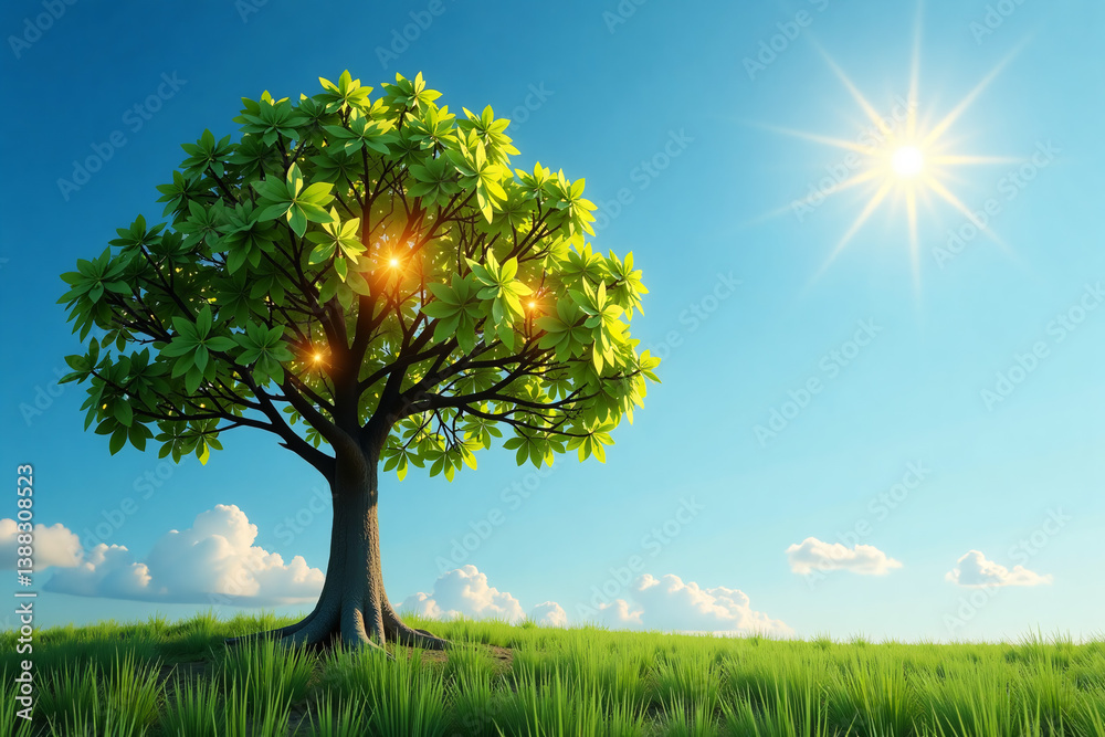 Fototapeta premium Solitary Tree in Sunlit Field with Sunny Sky