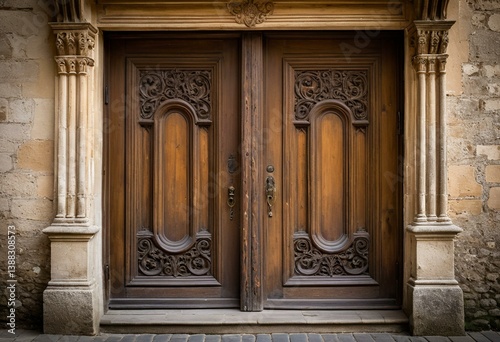 A pair of wooden doors on a stone building.