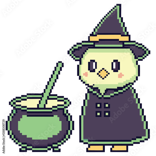 Pixel Art Cute Chick Witch with Cauldron and Wand on Transparent Background