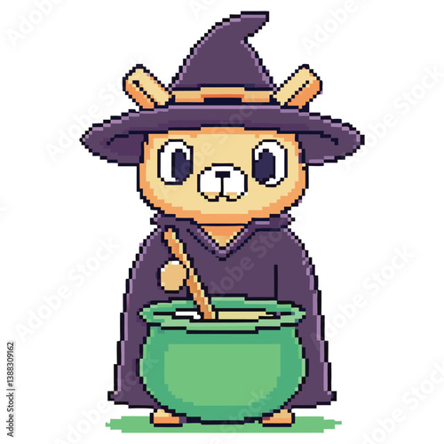 Pixel Art Cute Bear Witch with Cauldron and Magic Potion on Transparent