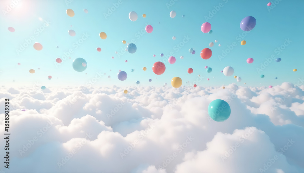 Fototapeta premium Pastel Spheres Floating Above Fluffy Clouds