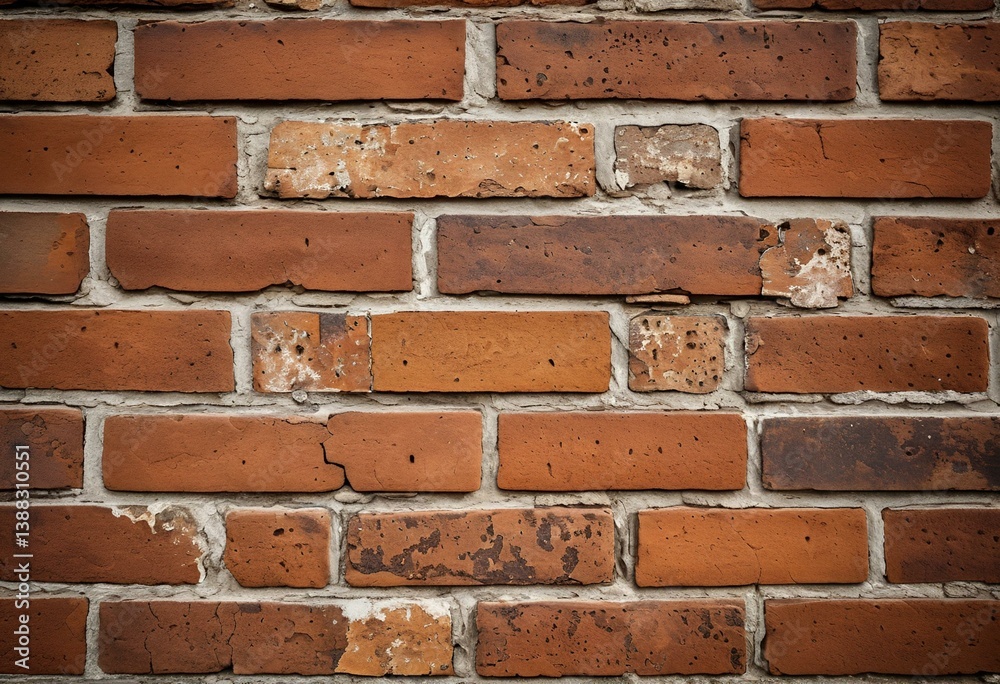 Fototapeta premium A red brick wall with peeling paint on it.
