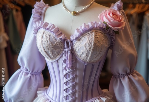 Elegant lavender corset with lace detailing and a rose accent