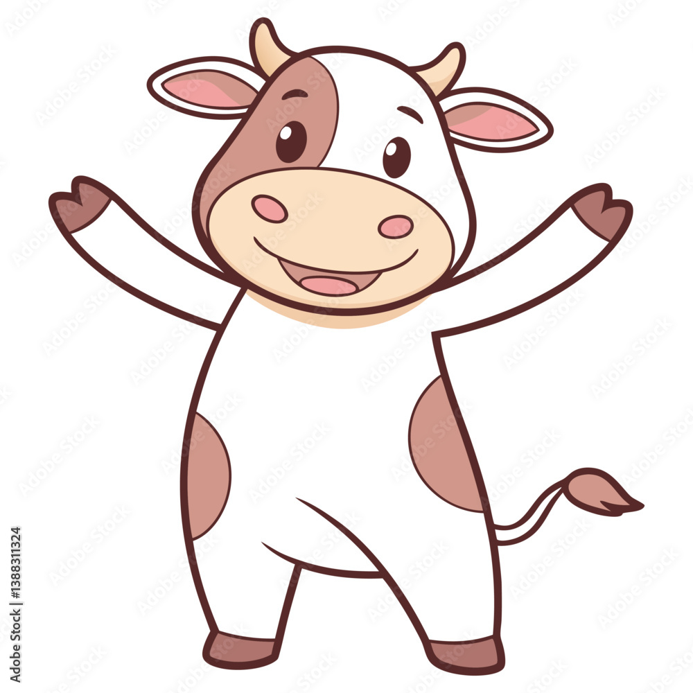 Fototapeta premium Cartoon cow character waving with a cheerful expression on a transparent background