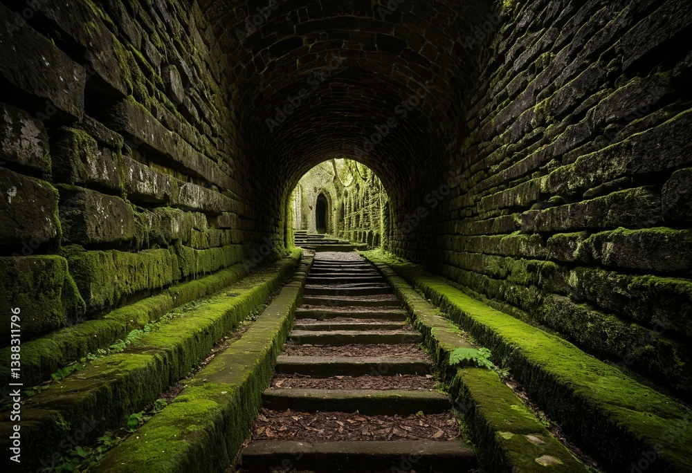A stone tunnel with moss growing on the walls. A stone tunnel with moss growing on the walls.