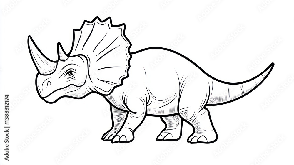 Fototapeta premium Triceratops outline drawing, prehistoric creature, black and white illustration, for educational materials or coloring books