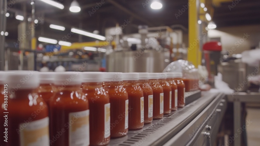 Wide shot of bottled sauces being capped and labeled in high-speed production environment. Wide shot of bottled sauces being capped and labeled in high-speed production environment.