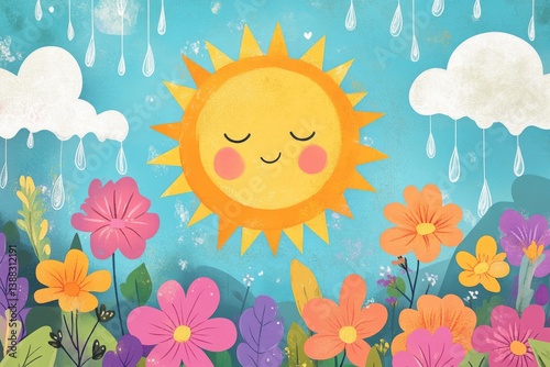 Cheerful sun with smiling face amidst colorful flower garden