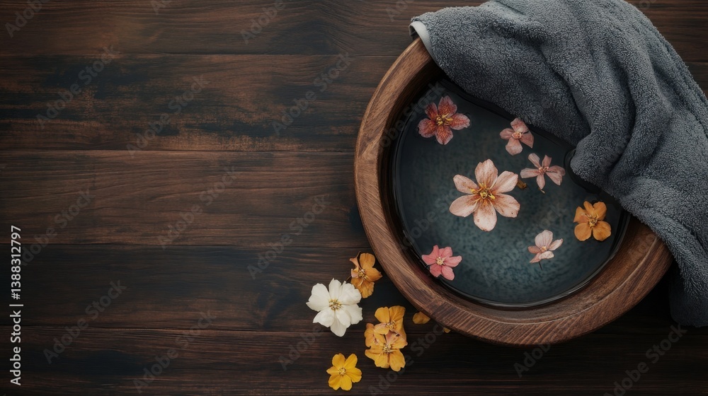 Wooden bowl filled with warm water, floating petals, and spa oils for a detox foot soak Wooden bowl filled with warm water, floating petals, and spa oils for a detox foot soak