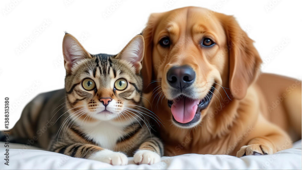 A tabby cat with green eyes and a golden retriever dog posing together on a white surface close up