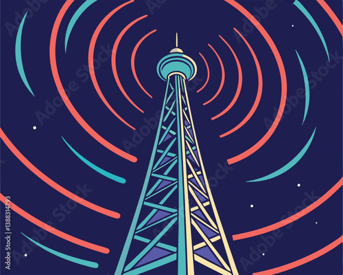 Stylized Radio Tower Transmitting Signal Waves into the Night Sky.