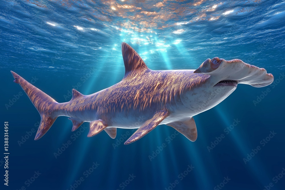 Obraz premium Hammerhead Shark Swimming in Sunlight