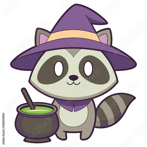 Cartoon Raccoon in Witch Hat with Cauldron, Halloween Creature on White