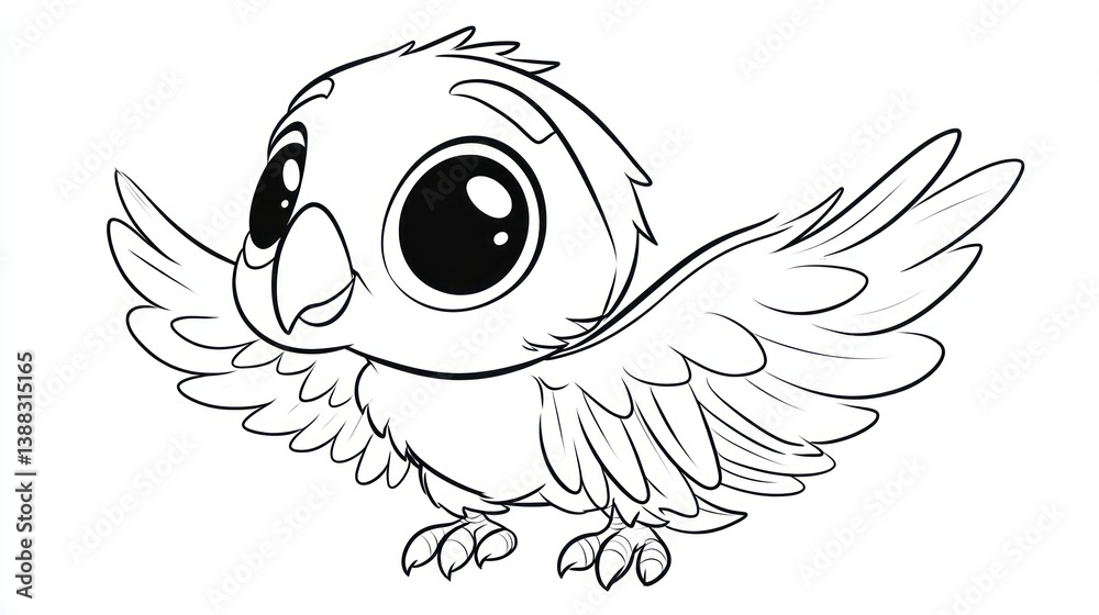 Obraz premium Cute cartoon owl, wings outstretched, in flight. Coloring page