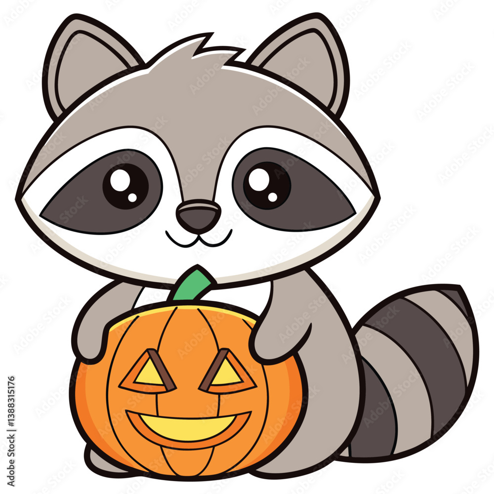 Obraz premium Cute Cartoon Raccoon with Orange Pumpkin on Transparent Background, Halloween Theme