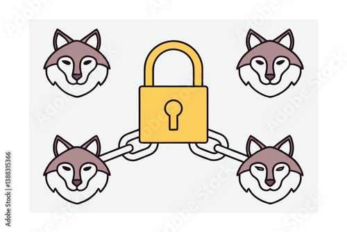 Wolf Heads Chained To Yellow Padlock Securing Privacy Conceptual Vector Illustration