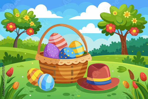 vector of Lots of colorful Easter eggs in a picnic basket on a green meadow. Sunny day in the park Easter still life with straw hat.