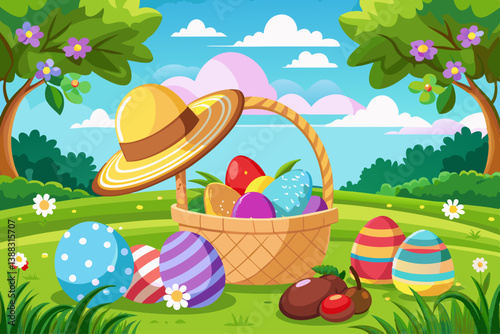 vector of Lots of colorful Easter eggs in a picnic basket on a green meadow. Sunny day in the park Easter still life with straw hat.