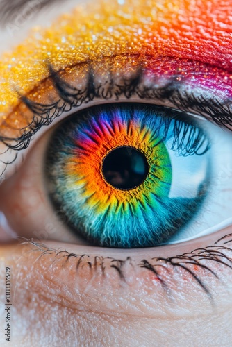 An ultra-realistic depiction of an eye with a see-through iris, displaying vibrant reflections of cosmic scenes