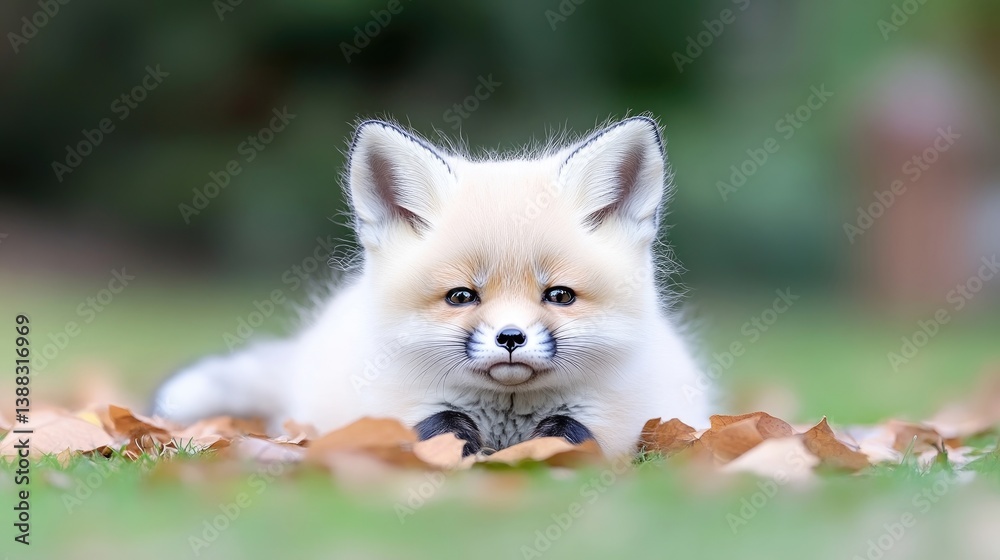 Obraz premium Adorable baby fox nestled among autumn leaves