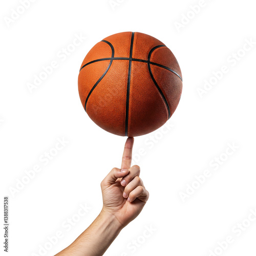 Basketball at the fingertip of a hand isolated on transparent background 