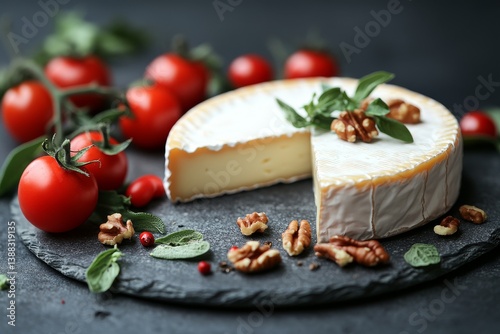 Featuring a rustic and appetizing Saint Nectaire cheese wheel as a culinary theme photo