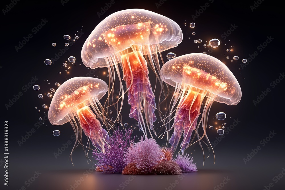 Fototapeta premium Luminous Jellyfish Glow in Dark Ocean