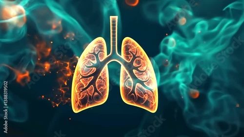 Dynamic visualization of lungs amidst vibrant smoke and fire elements. World Lung Day. No Tobacco Day