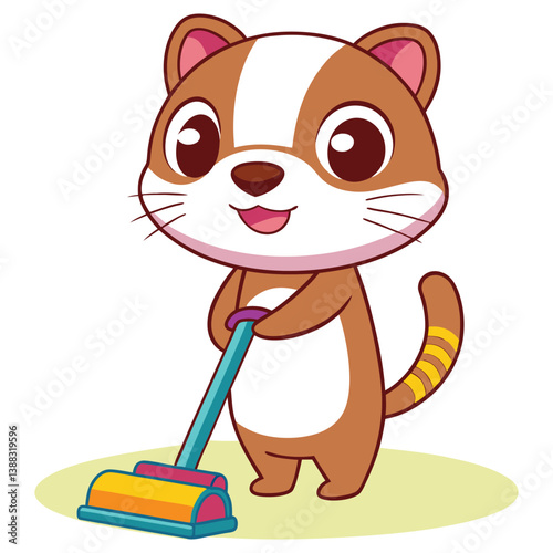 Cheerful Cartoon Ferret with White Patch Cleaning with a Colorful Toy Vacuum