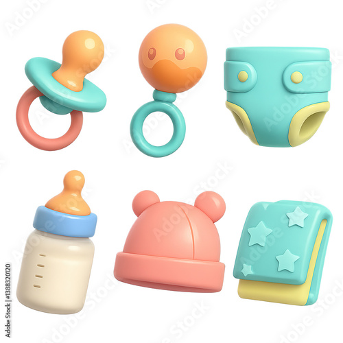 Set of 3D style baby care icons: pacifier, rattle, diaper, milk bottle, baby hat, and blanket with stars. Isolated on transparent background. Concept of newborn care, baby essentials, and parenthood photo