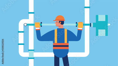 Pipe Installation A construction worker wearing an exoskeleton while lifting and fitting large pipes together in a plumbing installation.