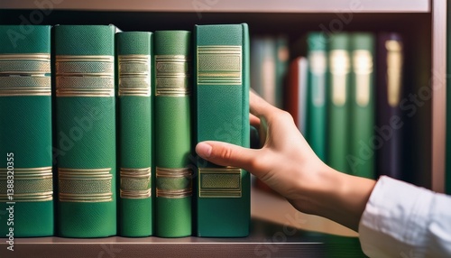 hand pulling a thesis book off the shelf in library green colors books