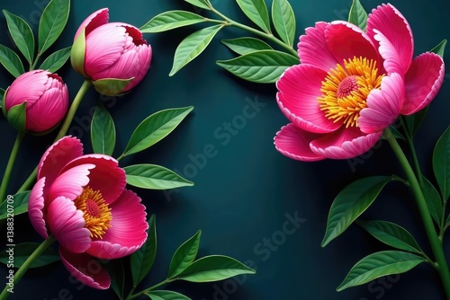 Bold peony blooms, lush leaves, geometric layout , vibrant, red, elegant