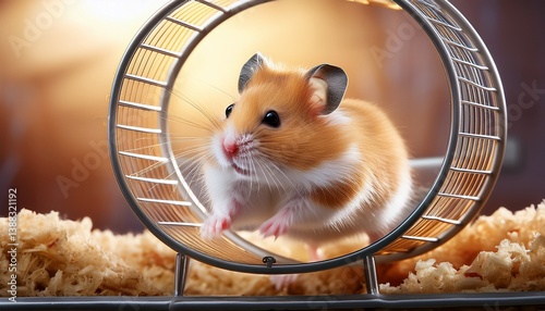 a hamster joyfully runs on its wheel in a clean well lit cage with comfortable bedding