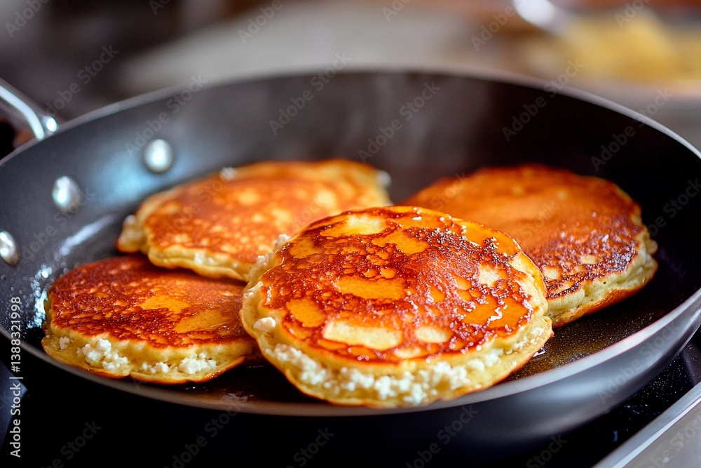 Four golden-brown pancakes sizzle in a hot skillet, capturing the morning light. The breakfast treat showcases a perfect golden crust and fragrant aroma, inviting a delicious start to the day Four golden-brown pancakes sizzle in a hot skillet, capturing the morning light. The breakfast treat showcases a perfect golden crust and fragrant aroma, inviting a delicious start to the day