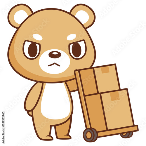 Cartoon Bear with Trolley Boxes in Hand Drawn Style on Transparent Background