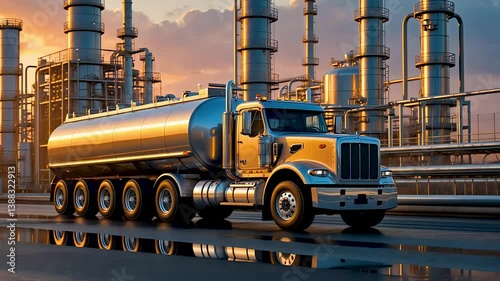Fuel tanker truck driving near industrial oil refinery at early sunrise