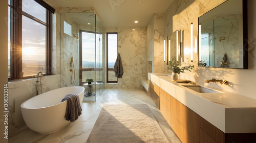 Salle de bain luxueuse avec baignoire indépendante et finitions en marbre dans une résidence haut de gamme du Colorado