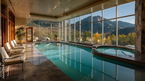 Piscine intérieure luxueuse avec vue panoramique sur les montagnes du Colorado au coucher du soleil
