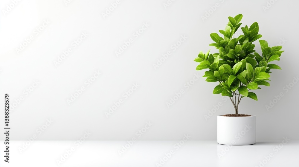 Fototapeta premium A green potted plant with lush leaves sitting on a white surface against a plain wall, and minimalist interior design concept.