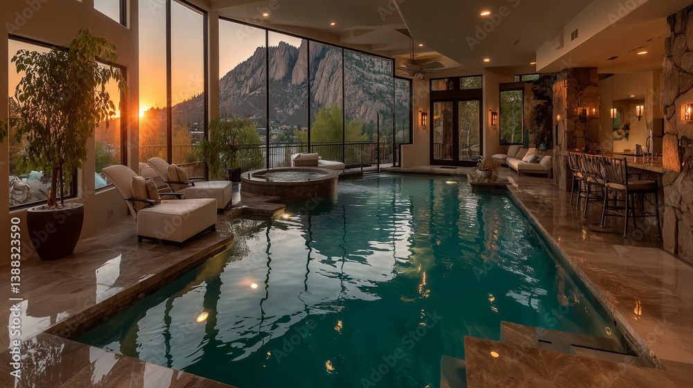 custom made wallpaper toronto digitalPiscine intérieure luxueuse avec vue panoramique sur les montagnes du Colorado au coucher du soleil