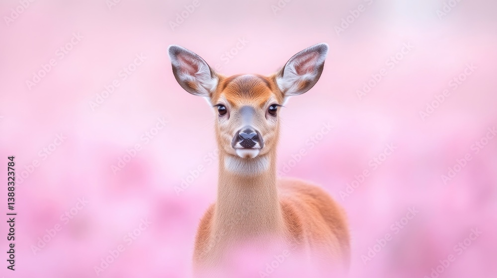 Fototapeta premium Whitetail Deer in Pink Flowers, Dreamy Soft Focus, High-Resolution Sharp Detail, Front Portrait View, Gentle Doe Gaze, Pink Blossom Field Backdrop, Delicate Pastel Hues, Perfect for Nature Calendars