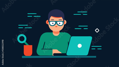 Debugging Code A web developer intensely focused on a laptop with lines of code on the screen and a magnifying glass icon representing debugging.